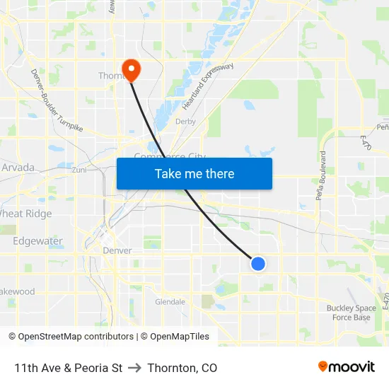 11th Ave & Peoria St to Thornton, CO map