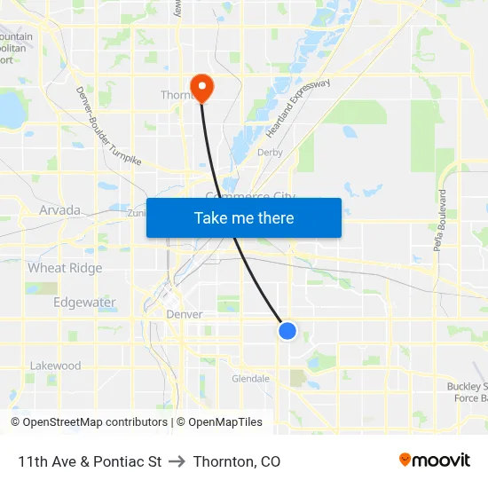 11th Ave & Pontiac St to Thornton, CO map