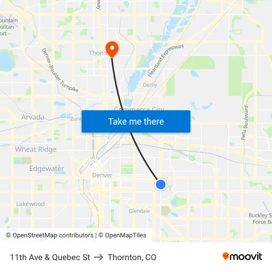 11th Ave & Quebec St to Thornton, CO map