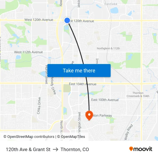 120th Ave & Grant St to Thornton, CO map