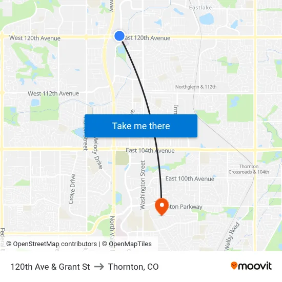 120th Ave & Grant St to Thornton, CO map