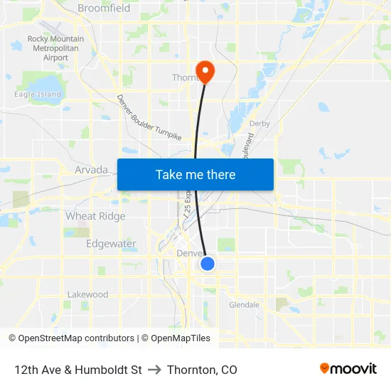 12th Ave & Humboldt St to Thornton, CO map