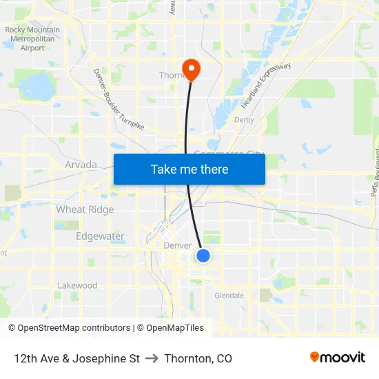 12th Ave & Josephine St to Thornton, CO map