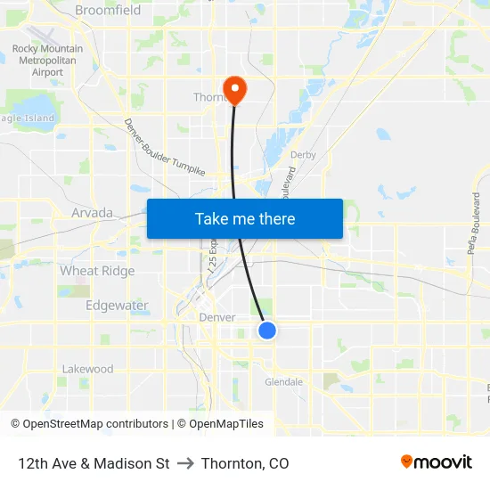 12th Ave & Madison St to Thornton, CO map