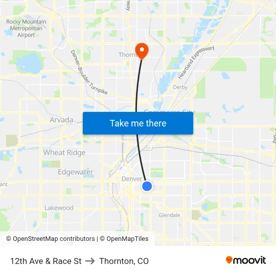 12th Ave & Race St to Thornton, CO map