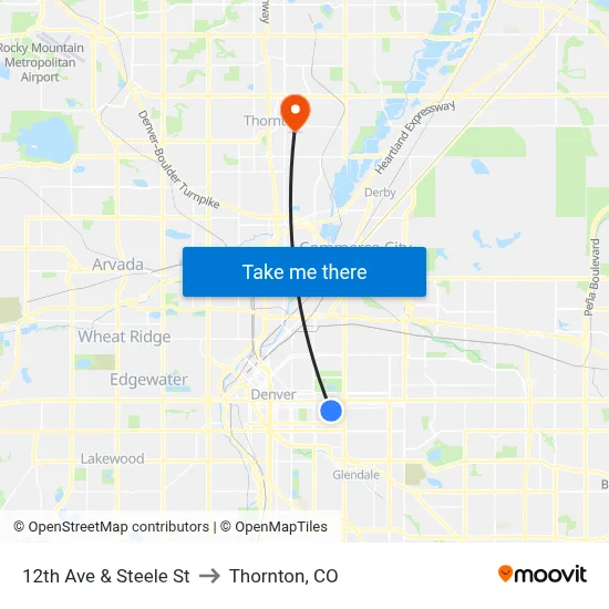 12th Ave & Steele St to Thornton, CO map