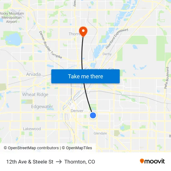 12th Ave & Steele St to Thornton, CO map