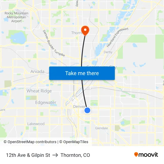 12th Ave & Gilpin St to Thornton, CO map