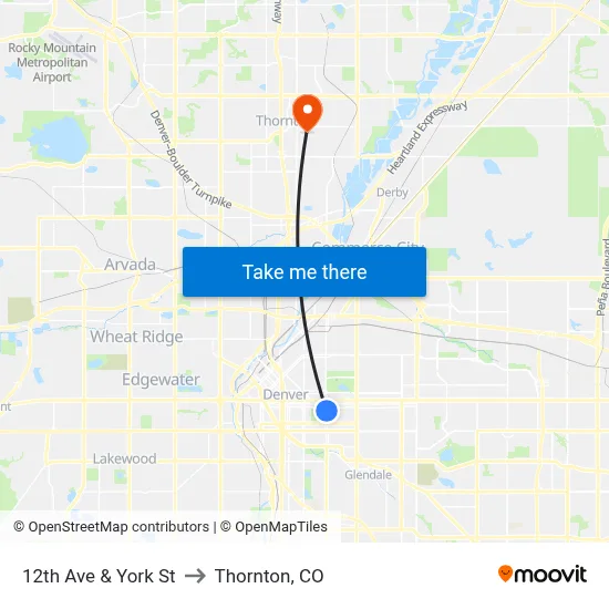 12th Ave & York St to Thornton, CO map