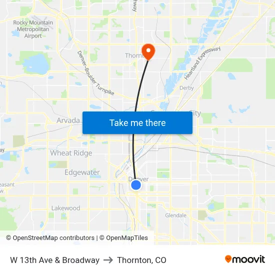 W 13th Ave & Broadway to Thornton, CO map