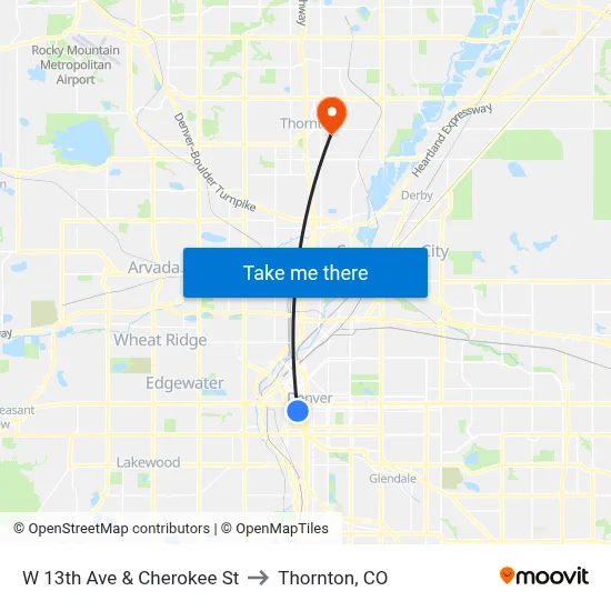 W 13th Ave & Cherokee St to Thornton, CO map