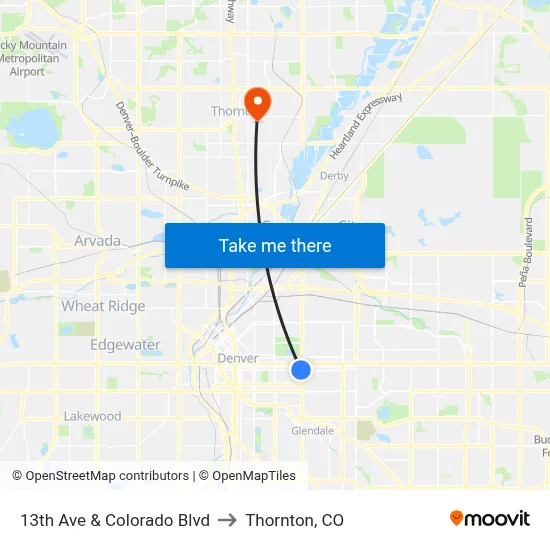 13th Ave & Colorado Blvd to Thornton, CO map