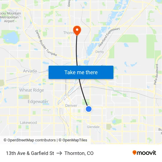 13th Ave & Garfield St to Thornton, CO map