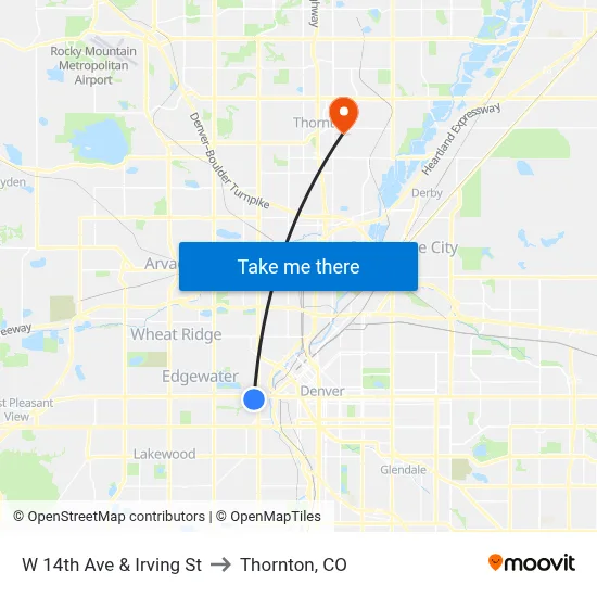 W 14th Ave & Irving St to Thornton, CO map