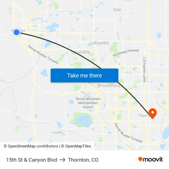 15th St & Canyon Blvd to Thornton, CO map