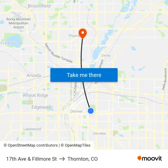 17th Ave & Fillmore St to Thornton, CO map