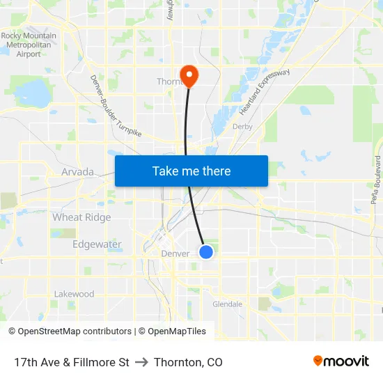 17th Ave & Fillmore St to Thornton, CO map