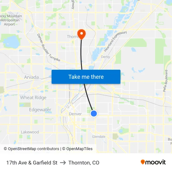 17th Ave & Garfield St to Thornton, CO map