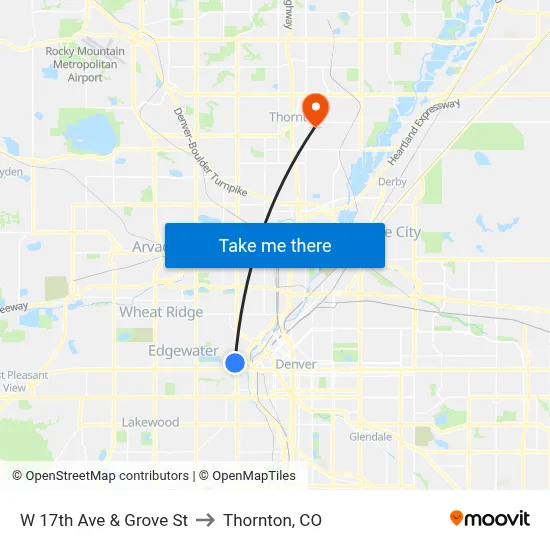 W 17th Ave & Grove St to Thornton, CO map