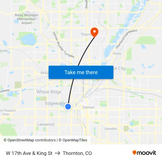 W 17th Ave & King St to Thornton, CO map