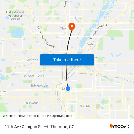 17th Ave & Logan St to Thornton, CO map