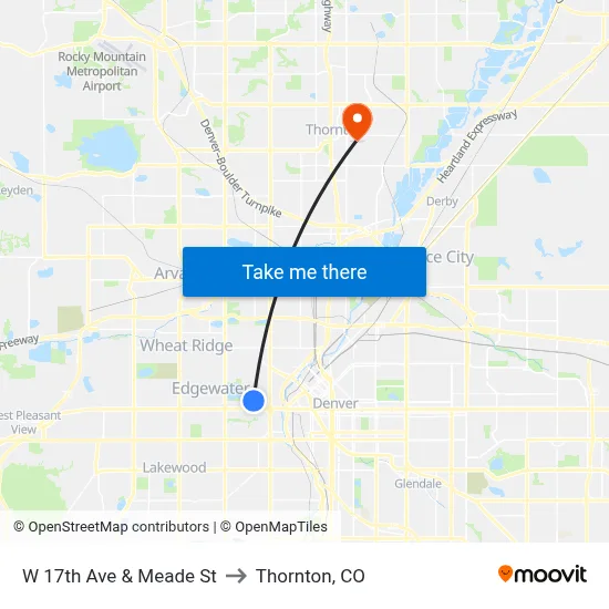 W 17th Ave & Meade St to Thornton, CO map