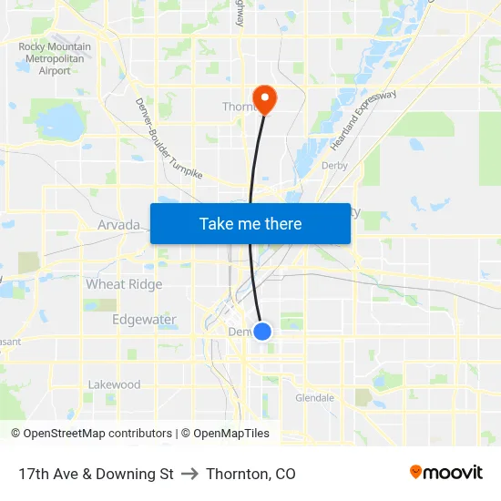 17th Ave & Downing St to Thornton, CO map