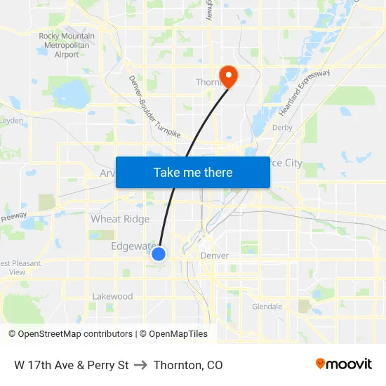 W 17th Ave & Perry St to Thornton, CO map