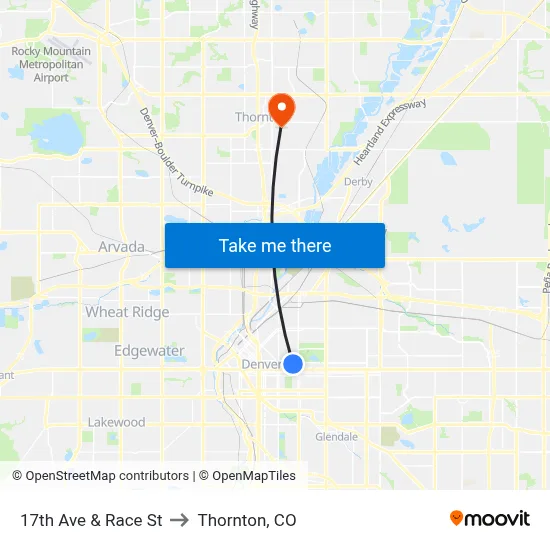 17th Ave & Race St to Thornton, CO map