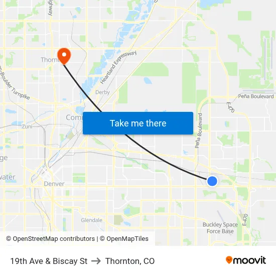 19th Ave & Biscay St to Thornton, CO map