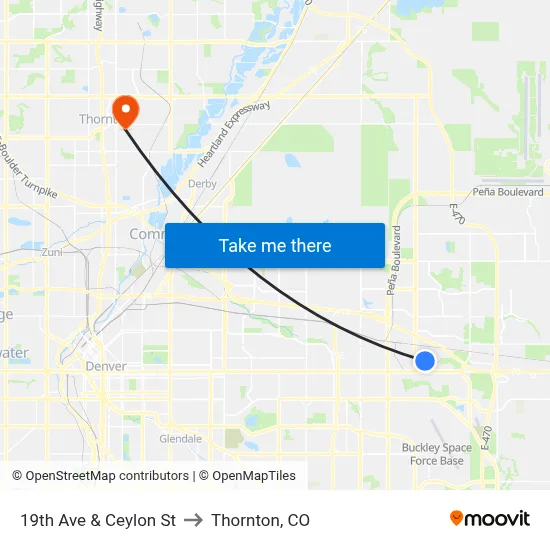 19th Ave & Ceylon St to Thornton, CO map