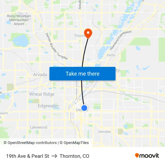 19th Ave & Pearl St to Thornton, CO map