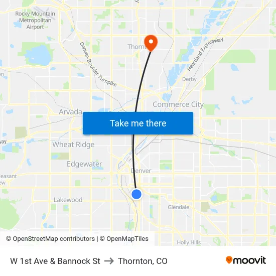 W 1st Ave & Bannock St to Thornton, CO map