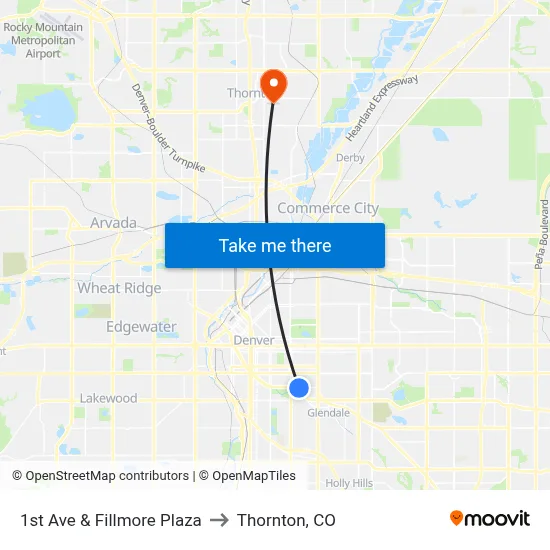 1st Ave & Fillmore Plaza to Thornton, CO map