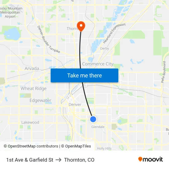 1st Ave & Garfield St to Thornton, CO map