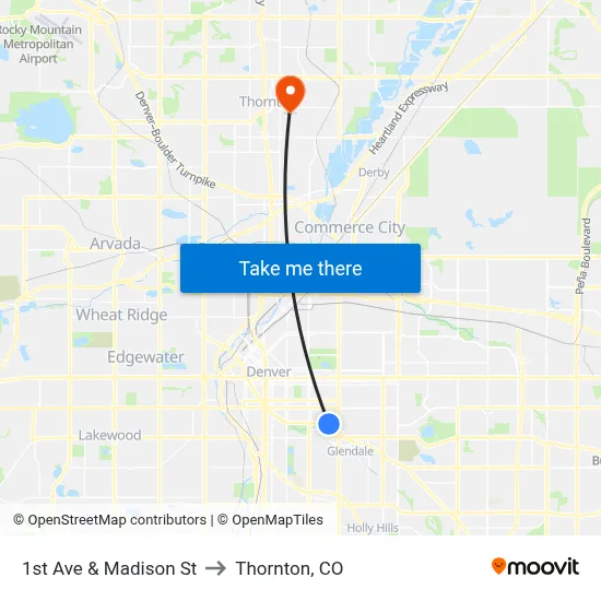 1st Ave & Madison St to Thornton, CO map