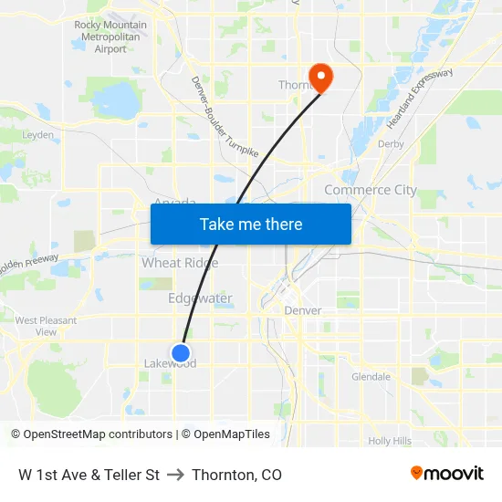 W 1st Ave & Teller St to Thornton, CO map