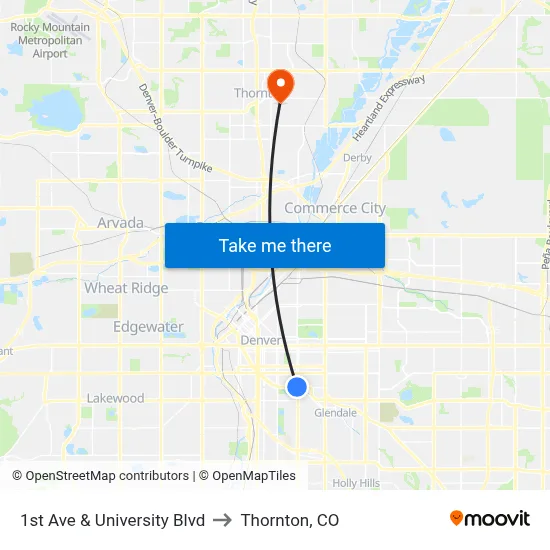 1st Ave & University Blvd to Thornton, CO map