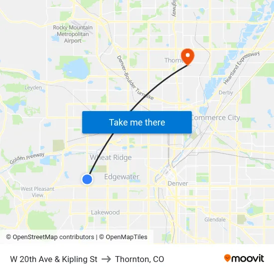 W 20th Ave & Kipling St to Thornton, CO map