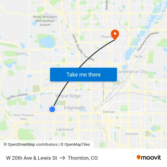 W 20th Ave & Lewis St to Thornton, CO map