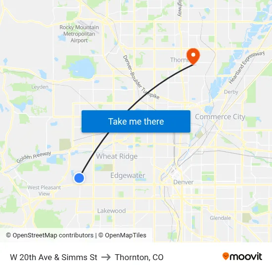W 20th Ave & Simms St to Thornton, CO map
