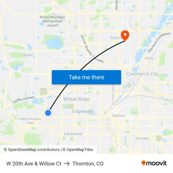 W 20th Ave & Willow Ct to Thornton, CO map