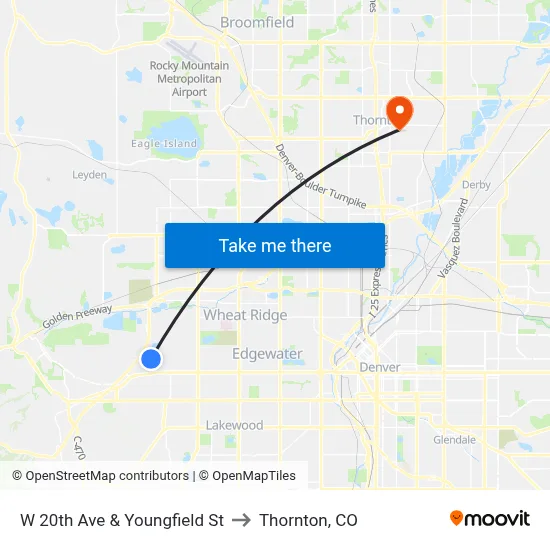 W 20th Ave & Youngfield St to Thornton, CO map