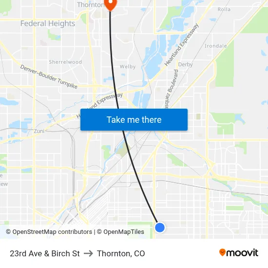 23rd Ave & Birch St to Thornton, CO map