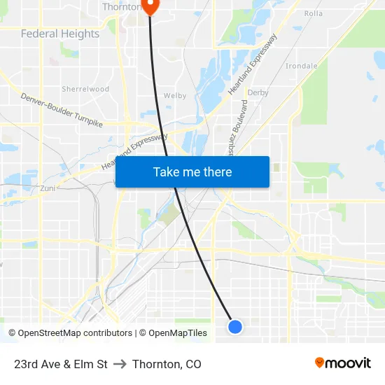 23rd Ave & Elm St to Thornton, CO map