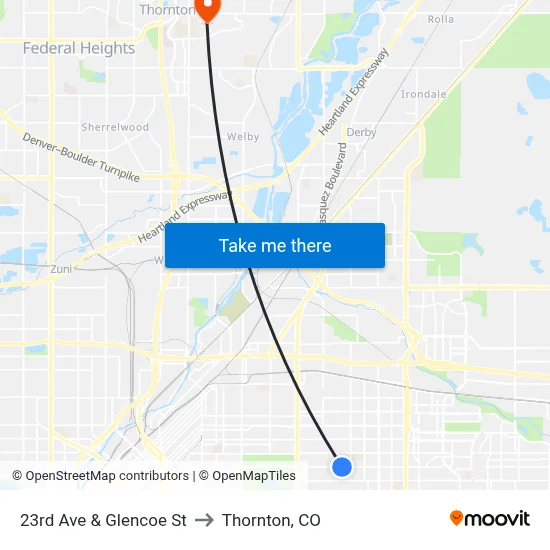 23rd Ave & Glencoe St to Thornton, CO map