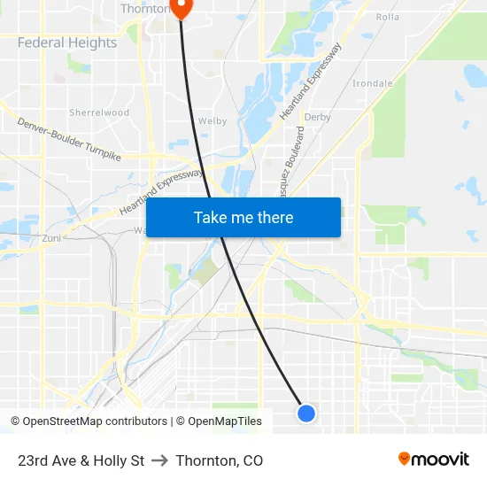 23rd Ave & Holly St to Thornton, CO map