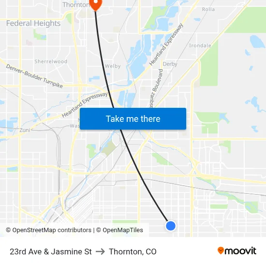 23rd Ave & Jasmine St to Thornton, CO map