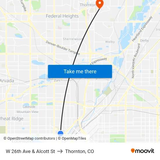 W 26th Ave & Alcott St to Thornton, CO map