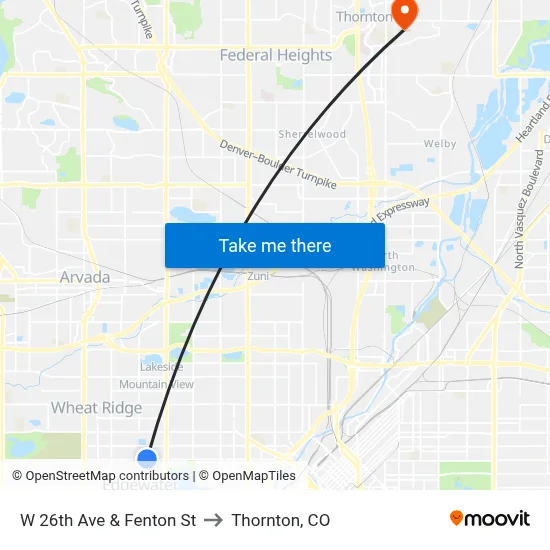 W 26th Ave & Fenton St to Thornton, CO map